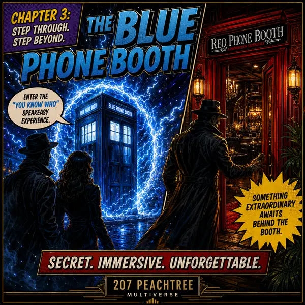 Red Phone Booth, Dragon Con 2026, Doctor Who experience, speakeasy, food, cocktails, cigars, drinks, downtown Atlanta during Dragon Con