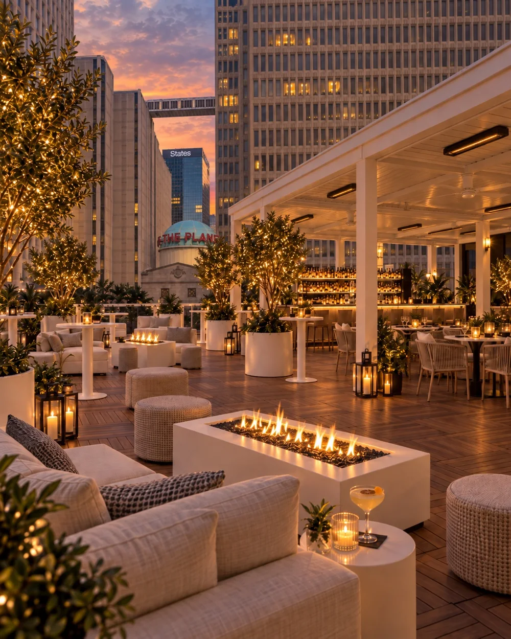 Concept rendering of Gilda’s rooftop lounge, fire tables and Downtown Atlanta skyline.